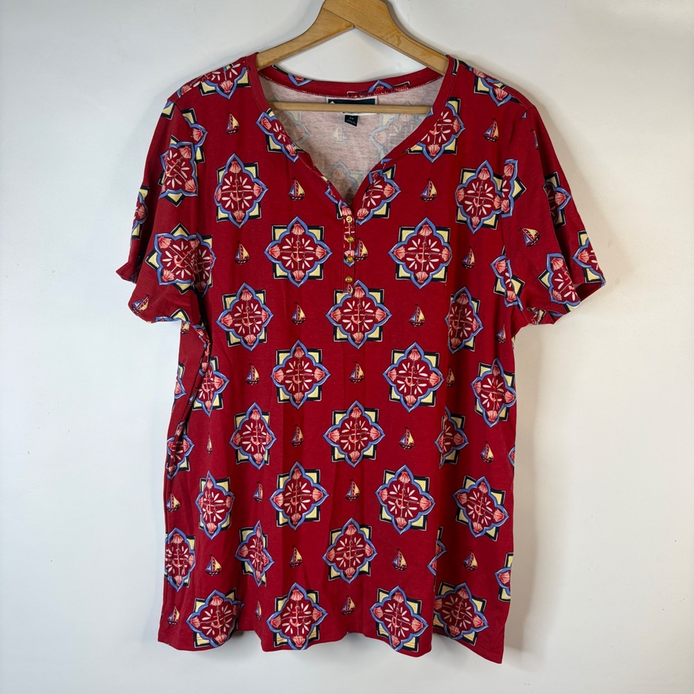 Karen Scott Henley Top Women 3X Red Nautical Anchor Sailboat Print Short Sleeve